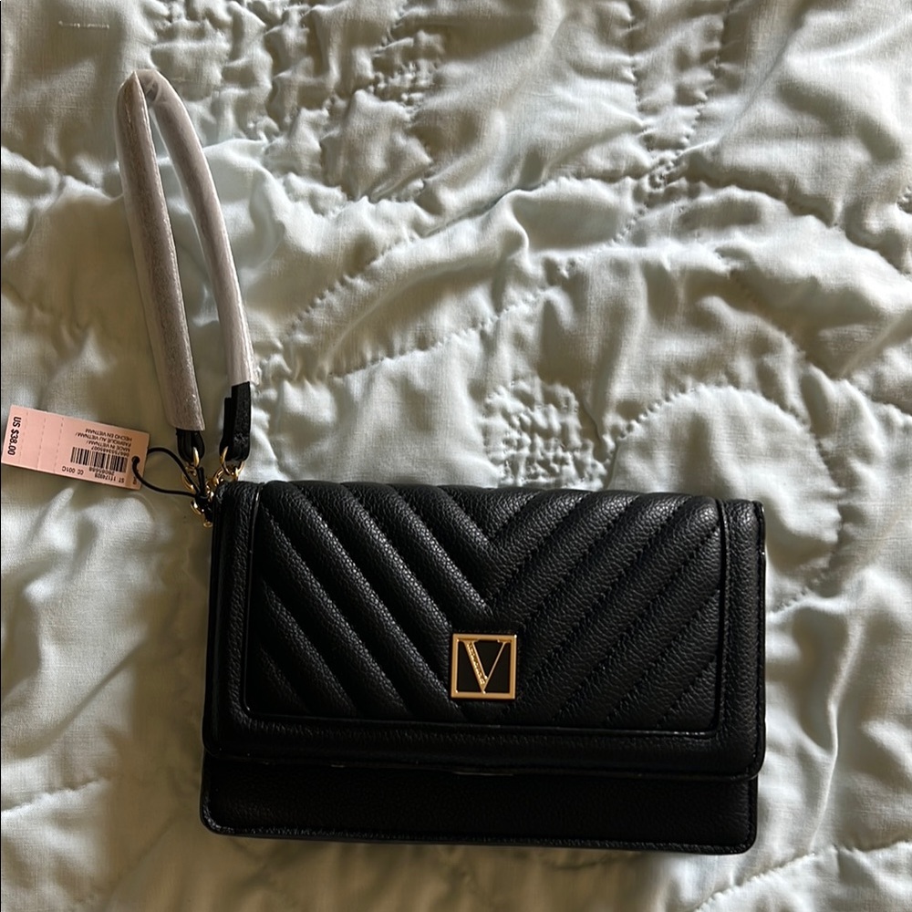 Victoria’s Secret Black Quilted Clutch, Gold Hardware with Pink Inside, NWT
